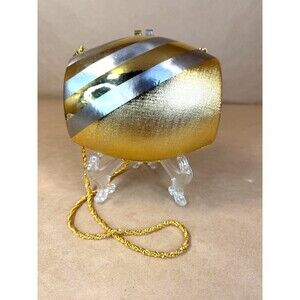 Vintage Italian Made Gold & Silver Striped Hard Case Clutch Purse Shoulder Bag